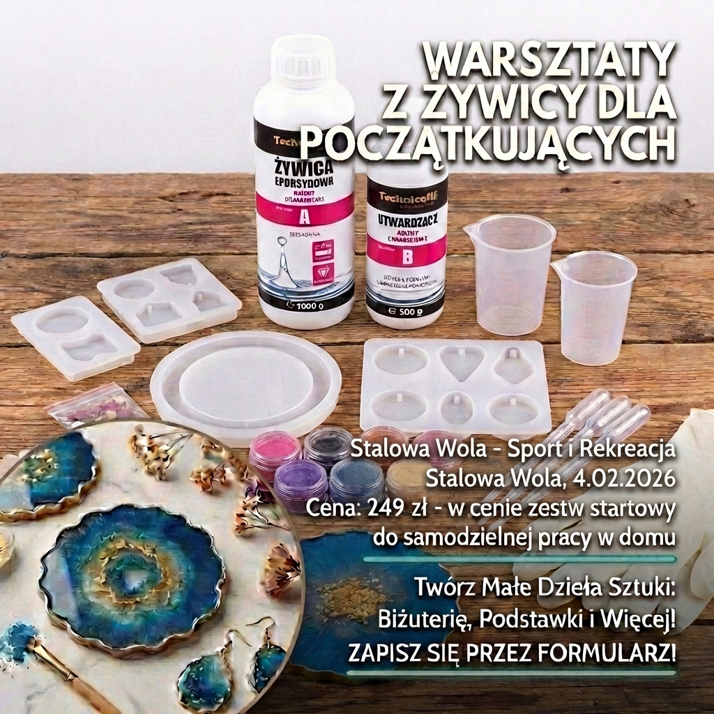 Rysunek przedstawia plakat zachęcajacy do wziecia udziału w warsztatach z żywic epoksydowych w Stalowej Woli 04.02.2026 (środa)